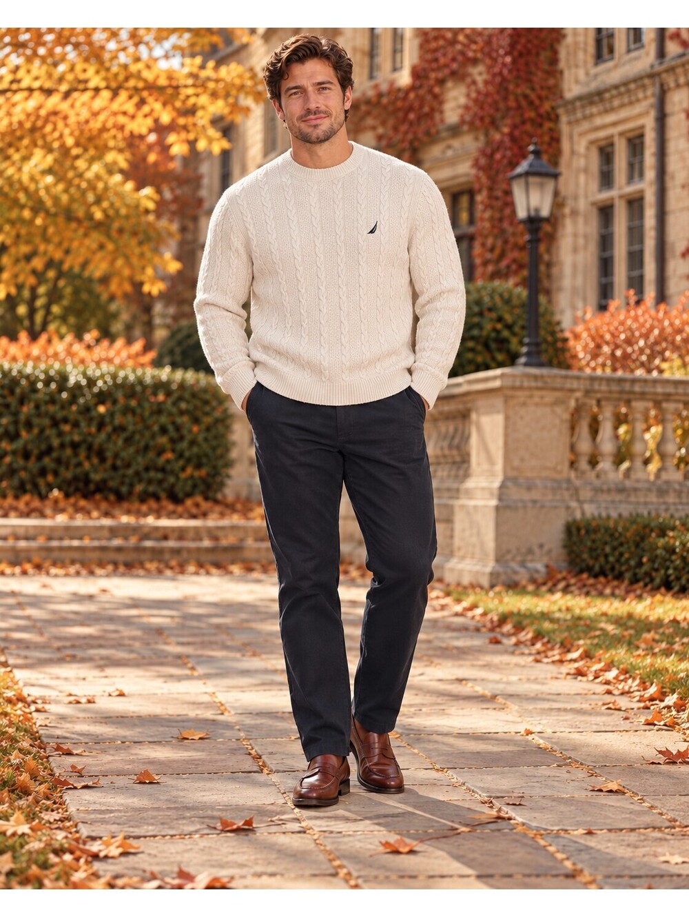 Nautica Cable Knit Crewneck Sweater Mens XL Cream Wool Blend Preppy Coastal